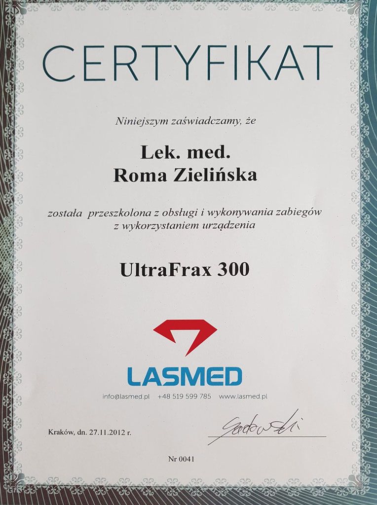 Certyfikat UltraFrax 300 w klinice Magnopere w Krakowie